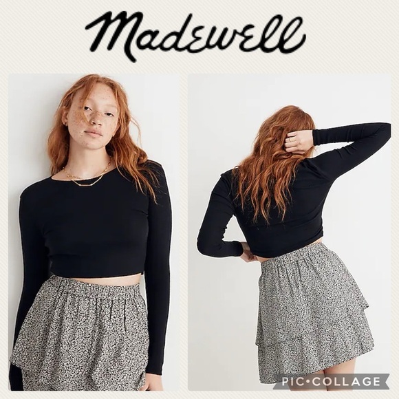 Madewell | Women's Fine Ribbed Supercrop Crewneck Long-Sleeve Tee - Black, Small - Picture 2 of 9